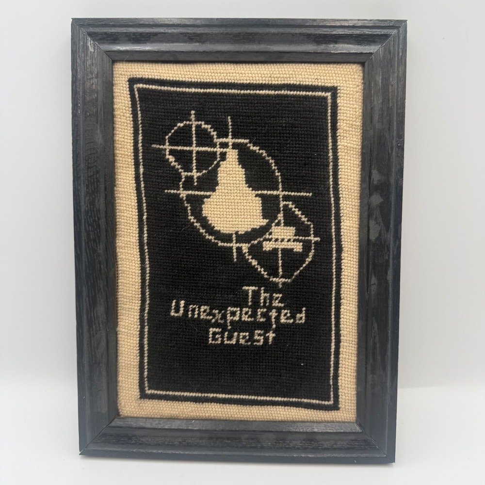 Vintage The Unexpected Guest Needlepoint Framed Art Black Cream Mystery Noir MCM